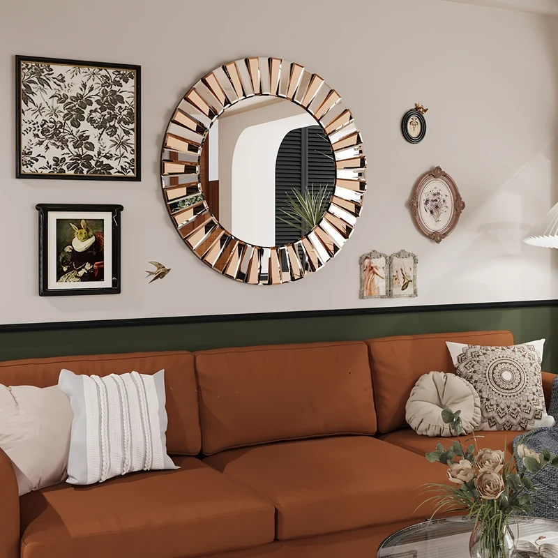 Ronde Zonnestraal Spiegel – Wandspiegel – Decoratieve Spiegel – Spiegel Met Lijst – Vanity Spiegel – 80 cm Diameter – Houten Frame – Facetgeslepen Glas