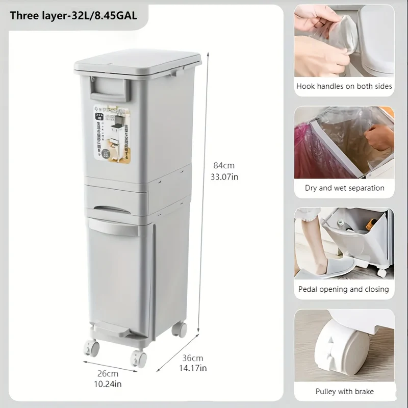 32L Large Capacity Heavy-Duty Plastic Kitchen Trash Can with Double-Layer Dry/Wet Separation, Odor-Sealing Lid & Step-Top Operation - Modern Rectangular Bin with Glossy Finish, Space-Saving Design, 3-Tier No Bend Design, Whee