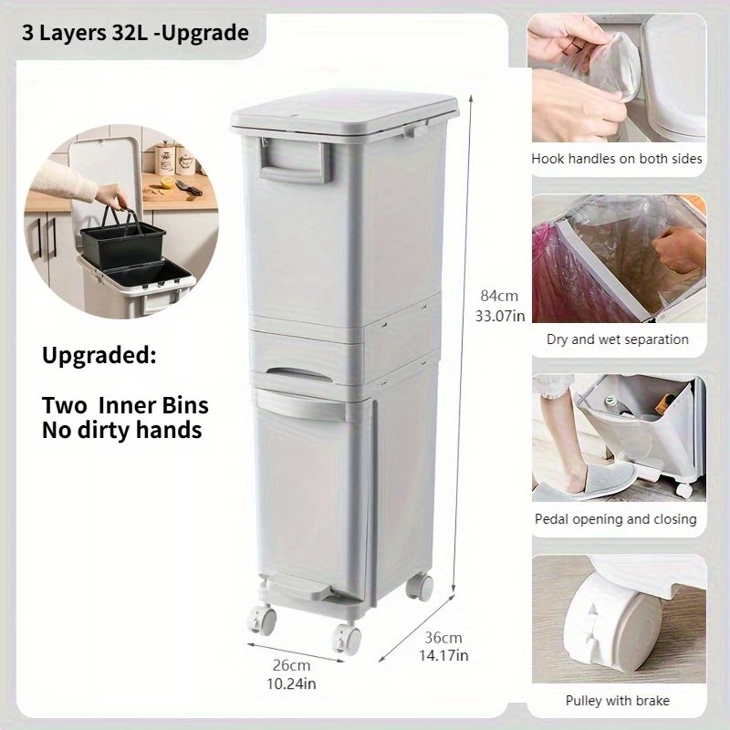 32L Large Capacity Heavy-Duty Plastic Kitchen Trash Can with Double-Layer Dry/Wet Separation, Odor-Sealing Lid & Step-Top Operation - Modern Rectangular Bin with Glossy Finish, Space-Saving Design, 3-Tier No Bend Design, Whee