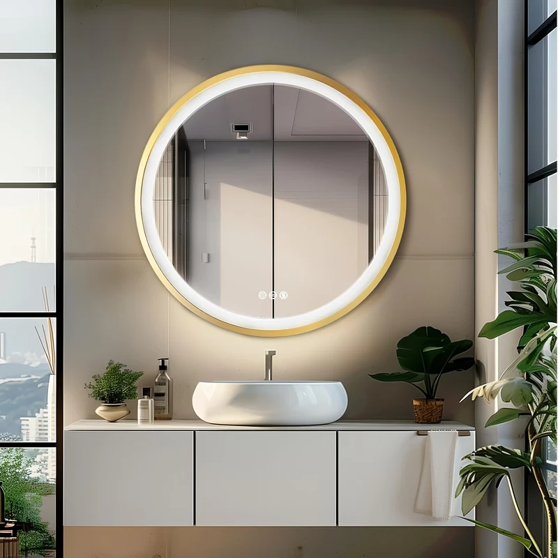 1pc Bathroom Golden Mirror With LED Light: Large Round Illuminated Wall Mirror With Brushed Aluminum Alloy Golden Frame Smart Touch Switch Demisting 3 Changeable Lighting Color, Memory Function