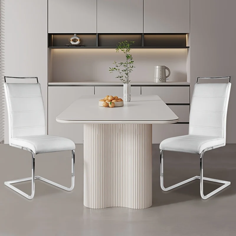 Eetkamerstoelen Set 2 Stuks – Stoelen – Keukenstoelen – Barkrukken – Bijzetstoelen – Moderne Witte Armless Stoelen – Gebogen Rugleuning – PU Kunstleer & Roestvrijstalen Frame – Zacht Gevuld – Max 150kg Draagkracht
