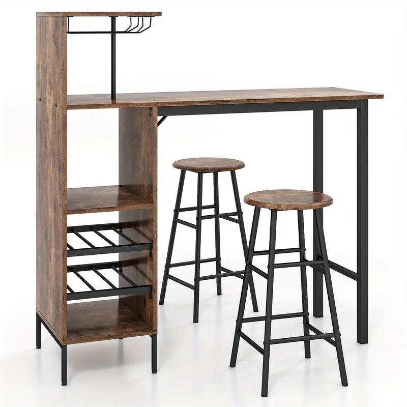 Barset – Barkrukken – Bartafel – Bistroset – Pubtafel – Vintage Bruin – Industriële Stijl – MDF Met Metaal – Inclusief Wijnrek Voor 6 Flessen