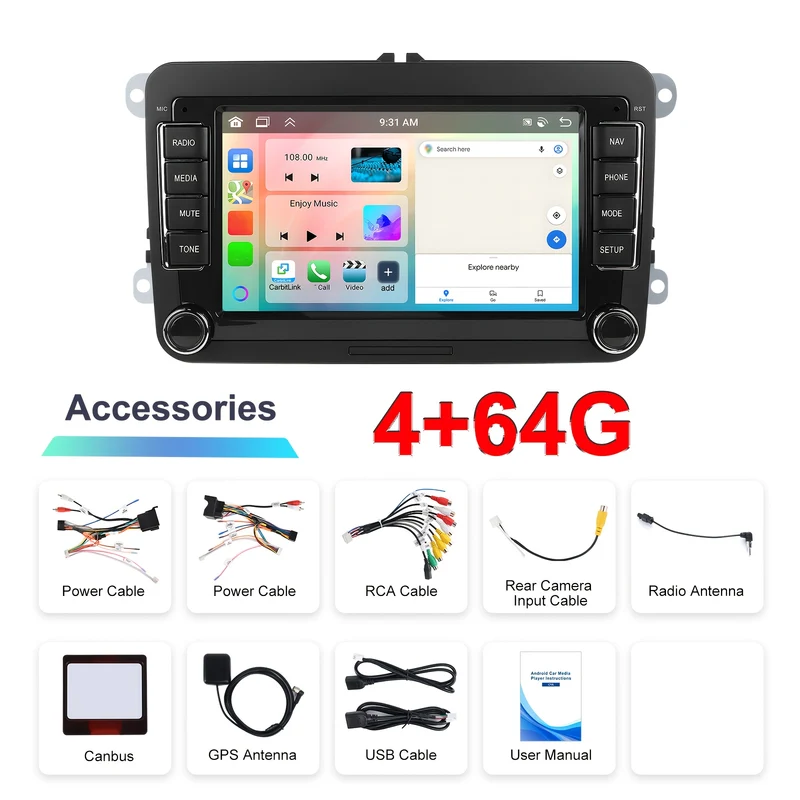 Car Multimedia Systeem – Auto Radio – Double Din Stereo – Android Headunit – Navigatiesysteem – 7 Inch HD Touchscreen – Android 15 OS – Wireless CarPlay & Android Auto – 6GB RAM 128GB Opslag