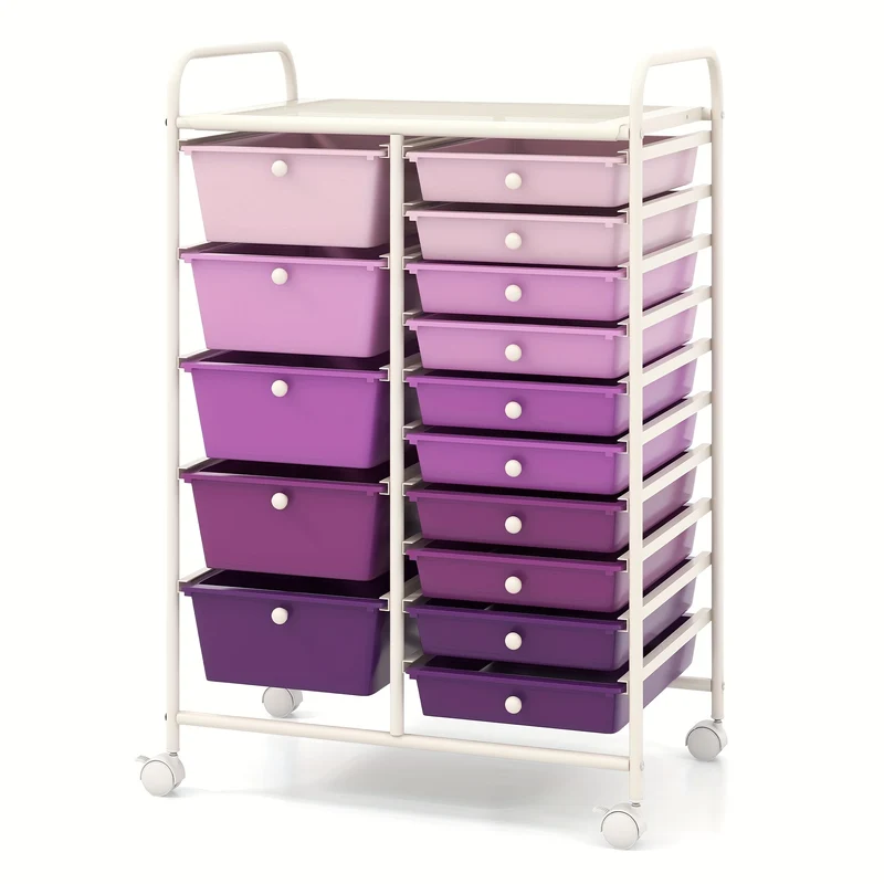 Opberkkastje – Opbergwagen – Ladenkast – Rolcontainer – Organizer – Paars – 12 Laden In 2 Maten – Stevig Metalen Frame & 360° Zwenkwieltjes