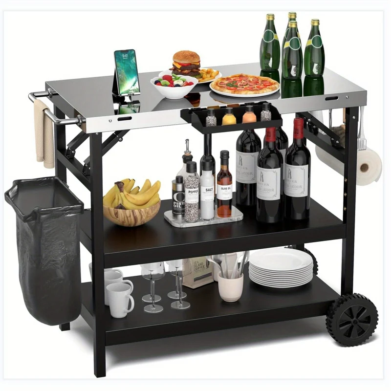 Buitenkeukentrolley – Buitenwagen – BBQ Trolley – Opbergtrolley – Werktafel – Roestvrijstalen Blad – Verstelbare Middenplank – Inklapbaar Met Wielen