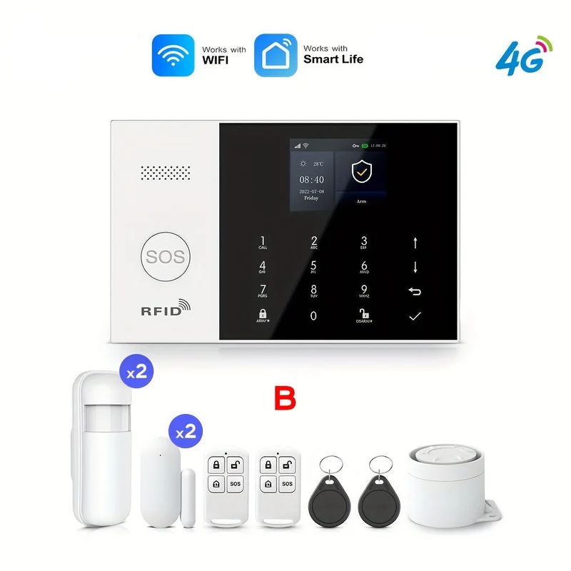 WiFi Beveiligingsset – Alarmsysteem – Draadloos Alarm – Beveiligingssysteem – Inbraakalarm – Touchscreen Display – 4G & WiFi Verbinding