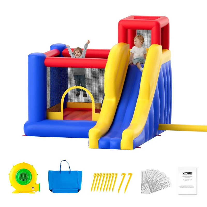 VEVOR Inflatable Bounce House, Outdoor High Quality Playhouse Trampoline, Jumping Bouncer with Blower, Slide, and Storage Bag, Family Backyard Bouncy Castle, for Kid Ages 3–8 Years, 134x102x91 inch