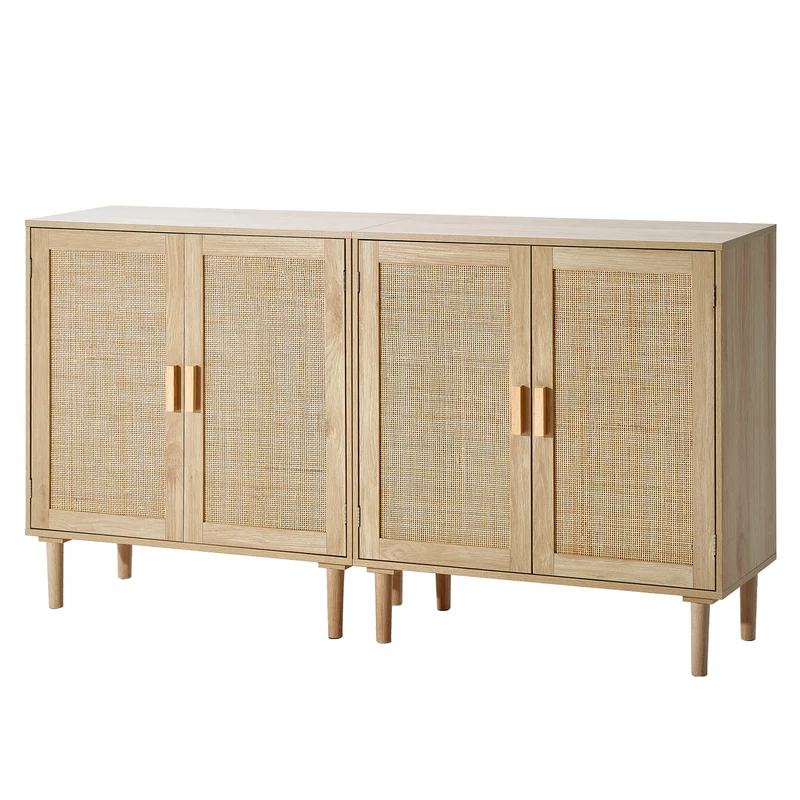 Rotan Kast – Opbergkast – Dressoir – Buffetkast – Ladekast – Handgevlochten Rattan Deuren – Verstelbare Planken – Set Van 2 – Natuurlijke Kleur