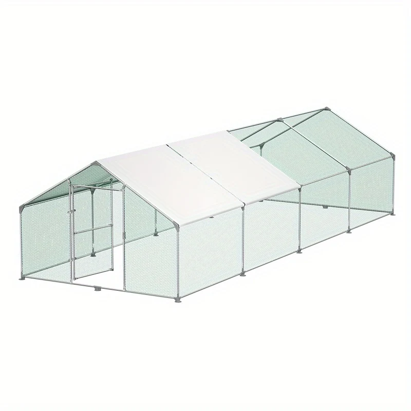 Galvanised Steel Chicken Coop Outdoor Run with Lock, Small Animal Hutch, Outdoor Enclosure, Chicken House, Roofed Poultry Hutch for Chicken, Bird, Cage, Small Animals Cage (3x8m)