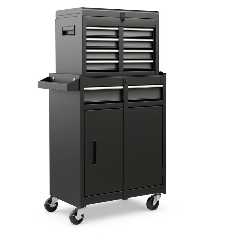 Gereedschapskist – Werkplaatskast – Tool Organizer – Opbergkist – Gereedschapswagen – Vergrendelbare Wielen – Verstelbare Planken – Afneembare Bovenkist – Antislip Voeringen – Robuuste Metalen Constructie – Zwart