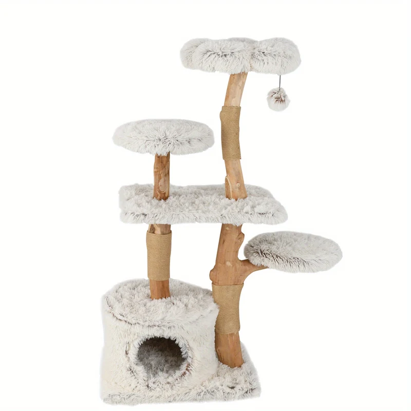 134.62cm Tall Heavy-Duty Cat Tree Tower - Natural Wood & Jute Scratching Posts, Floral-shaped Plush Perch, Multi-Level Cat condo - Sturdy Construction for Large Cats - Modern Indoor cat furniture for Climbing, Scratching, Res