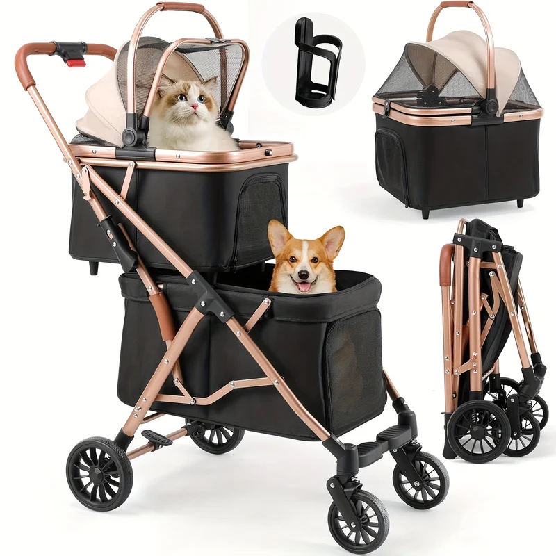 Hondenbuggy – Huisdierenbuggy – Wandelwagen – Duwwagen – Buggy voor Kleine Honden – 2-laags Dubbele Mand – Opvouwbaar – Inclusief Transporttas