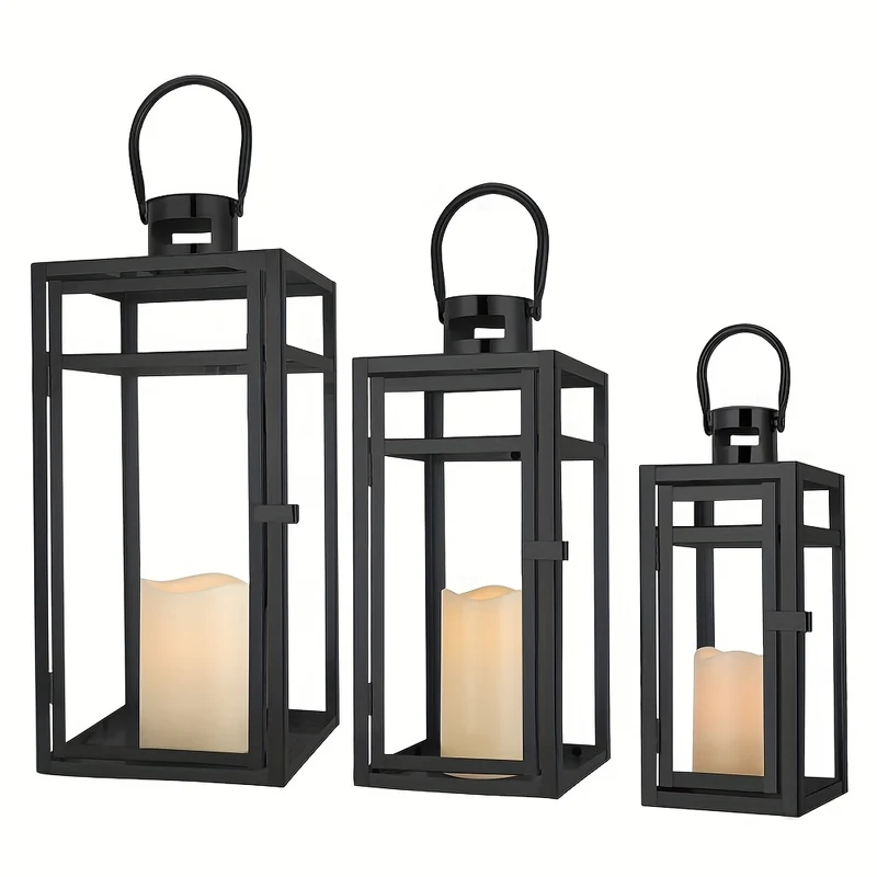 Lantaarn – Tuinlantaarn – Windlicht – Sfeerlamp – Outdoor Lamp – Set Van 3 – Zwart Metalen Design – Gehard Glas – 48/38/30 cm Hoog