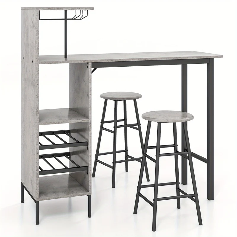 Barset – Tuinbarset – Bistroset – Barkrukset – Barmeubel – Industrieel Design – Inclusief Wijnrek en Glashouder – MDF Tafel met Metalen Frame – Compact Formaat 120x40x110 cm - Grijs