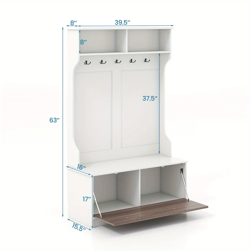 Halmeubel – Kapstok – Opbergmeubel – Schoenenbank – Gangmeubel – Wit MDF – 5 Dubbele Haken – Antislip Zitbank 90 kg