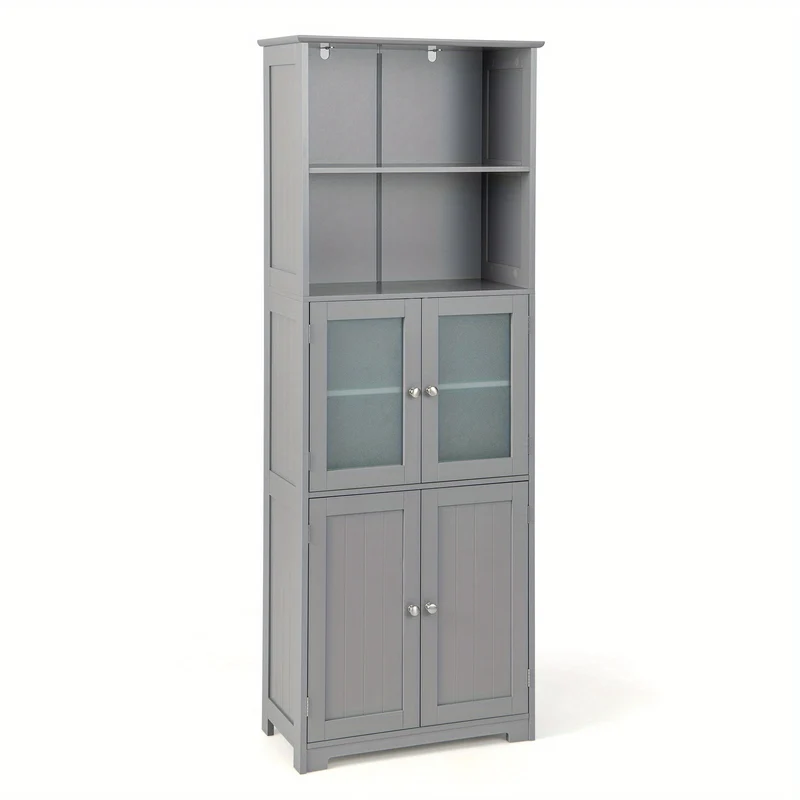 Badkamerkast – Hoge Kast – Opbergkast – Kolomkast – Wastafelonderkast – Grijs MDF – Tempered Glas – Verstelbare Planken – Anti-Kantel Veiligheid