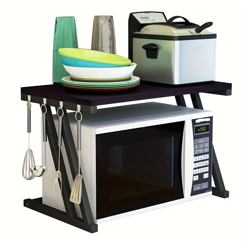 Magnetronplank – Keukenplank – Opslagrek – Magnetronrek – Opbergplank – Z-vormig Stalen Frame – Houten Blad – 28 kg Draagkracht – Zwart 57x38x38 cm