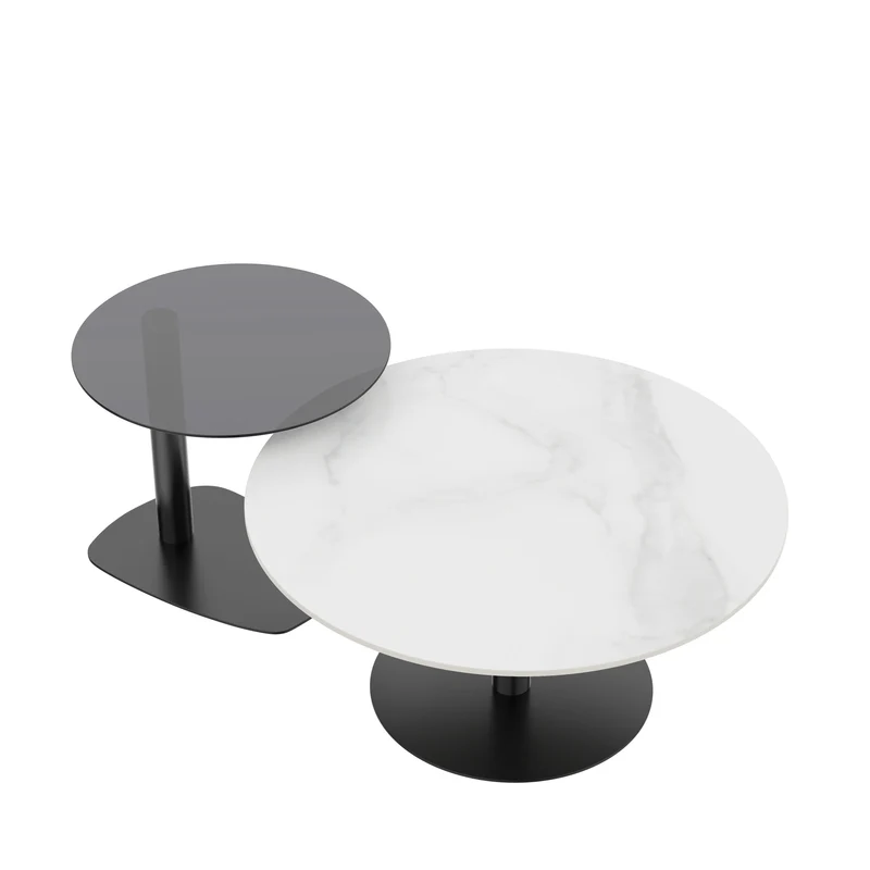 Ronde Salontafel Set – Bijzettafel – Nestbare Tafels – Koffietafel – Woonkamer Tafel – Wit Sintered Stone & Grijs Glas – Zwart Metalen Frame – Krasbestendig & Compact