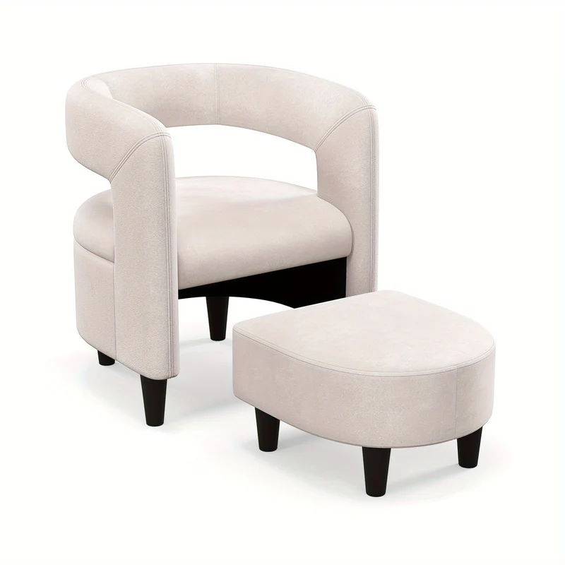 Fauteuil – Relaxzetel – Draaifauteuil – Lounge Stoel – Zetel – Beige Velvet – Met Voetenbank – Stevig Houten Frame – Ergonomisch Ontwerp