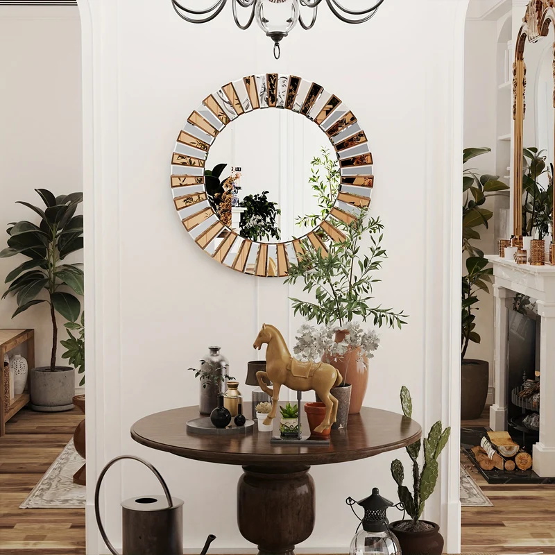 Round Sunburst Wall Mirror: Contemporary Decorative Wall Mirror Chic Round Mirror Glass with Art Silvery Et Brown Glass Beveled Edge, Hanging Accent Vanity Mirror, Decorative Wall-Mounted Mirror for Living Room, Bedroom, Foye