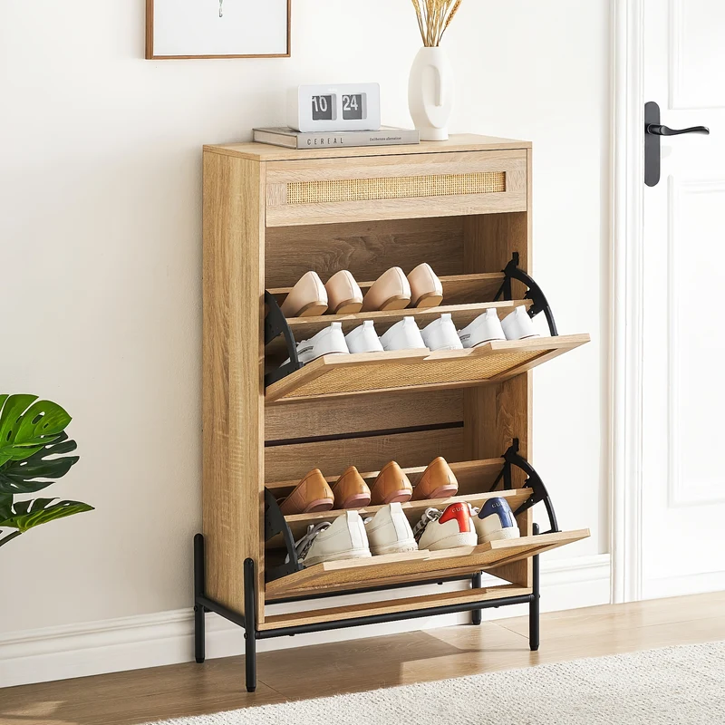 Schoenenkast – Schoenenrek – Schoenenopberger – Halmeubel – Hal Kast – Natuurlijk Rattan – 3 Niveaus – Verstelbare Klapdeuren – Met Lade – Stevig Houten Frame – Vintage Farmhouse Design