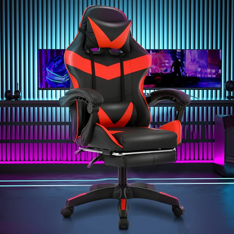 Gamingstoel – Gamestoel – Gaming Chair – Game Stoel – Bureaustoel – Ergonomisch Ontwerp – Verstelbare Rugleuning & Voetensteun – Max 150 kg – Kunstleer Zwart/Rood