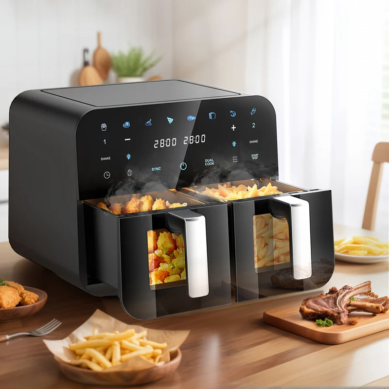 Airfryer – Heteluchtfriteuse – Gezond Frituren – Digitale Oven – Dubbele Mandjes – 10L Capaciteit – 2x 5L Mandjes – Touchscreen Met Verlichte Kijkvensters – Anti-aanbak Vaatwasserbestendig – Zwart