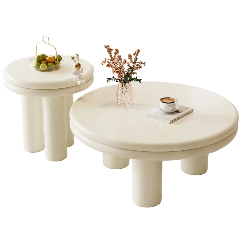 Theetafel – Salontafel – Bijzettafel – Koffietafel – Woonkamertafel – Moderne 2-delige Set – Dubbel Laags Ronde Tafelblad – Crème Wit – Ruimtebesparend & Eenvoudig Te Monteren