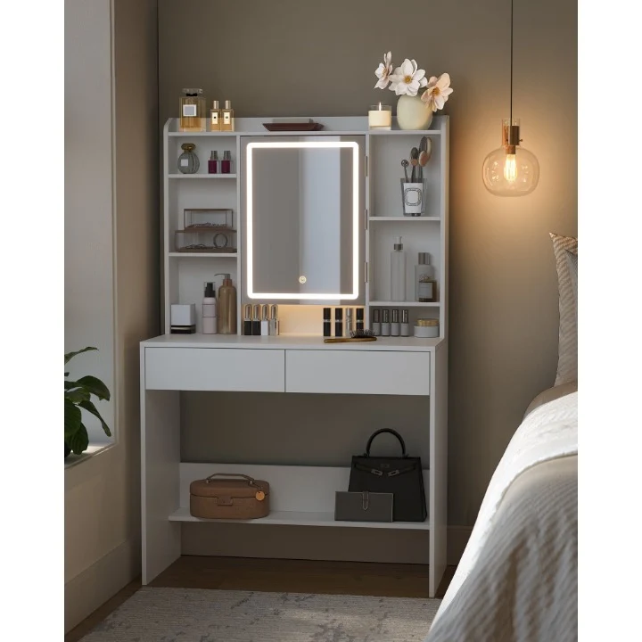 Kaptafel – Make-up Tafel – Opmaaktafel – Cosmeticatafel – Vanity Set – Wit Modern Design – LED Verlichting 3 Kleuren & Instelbare Helderheid – Verstelbare Planken & 2 Lades – Inclusief Spiegel