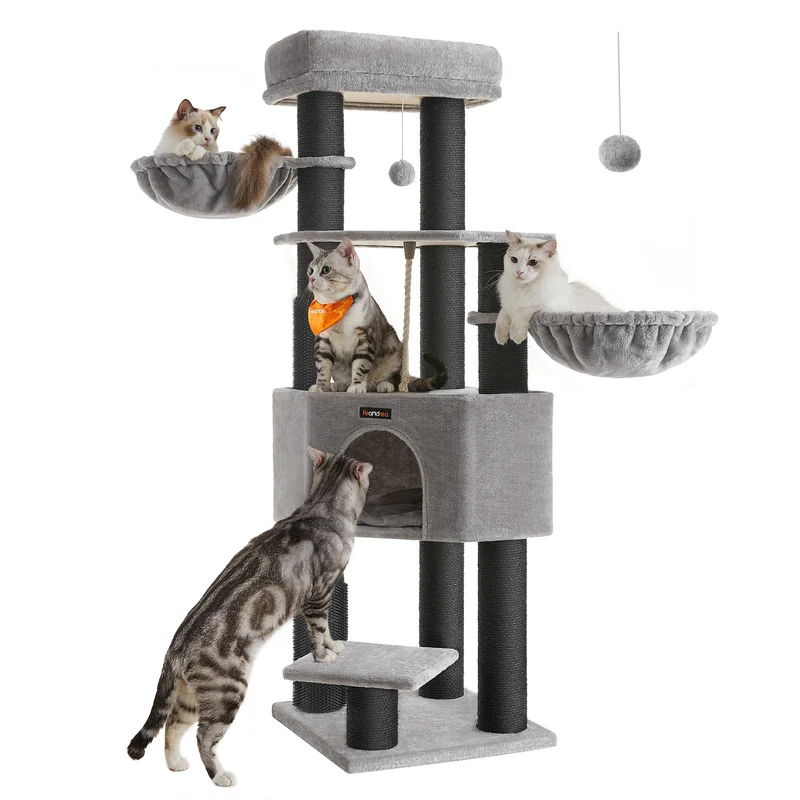 Krabpaal – Kattenboom – Krabmeubel – Kattenhuis – Krabstam – 160 cm Hoog – 9 Dikke Sisal Palen - Duifgrijs en Zwart