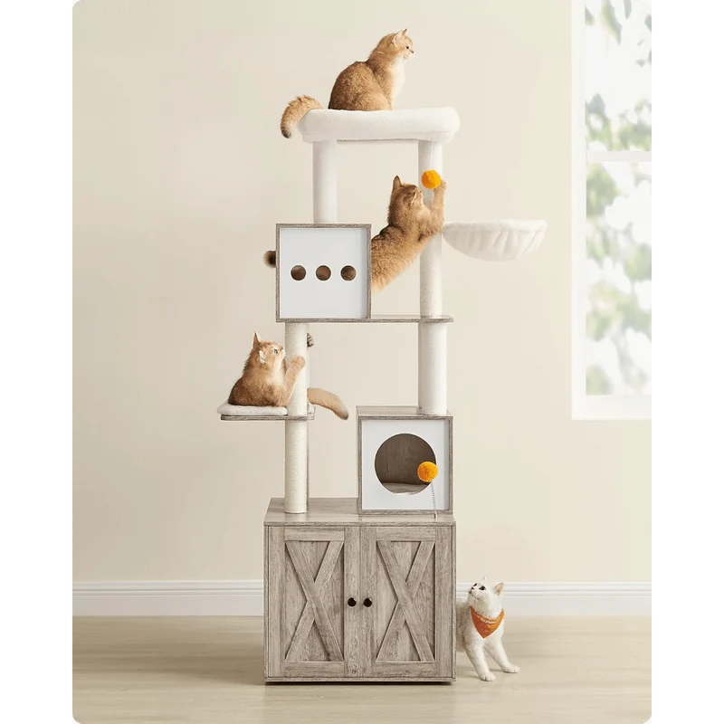 Krabpaal – Kattenboom – Krabmeubel – Krabton – Kattentoren – Met Verborgen Kattenbak – 185 cm Hoog – Wasbare Pluche Matten