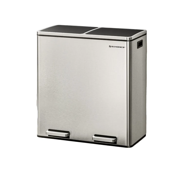 Afvalbak – Prullenbak – Vuilnisbak – Afvalemmer – Gft Bak – 2 Compartimenten – Met Metalen Pedalen – 60 Liter – Soft Close – Uitneembare Kunststof Binnenemmers – 58.6 x 32 x 65 cm - Zilver-Zwart