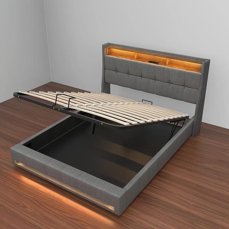 Bed – Eenpersoonsbed – Slaapbed – Linnen Bed – Opbergbed – 90x200 cm – Met Gasdrukveer – Houten Lattenbodem