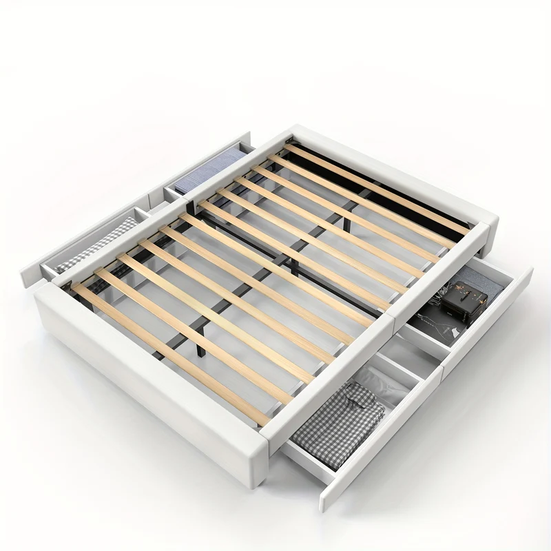 Bedframe met Opbergruimte – Tweepersoonsbed – Gestoffeerd Bed – Opbergbed – Platformbed – 140x200 cm – Stevig Metaal en MDF – 4 Ruime Lades - Wit