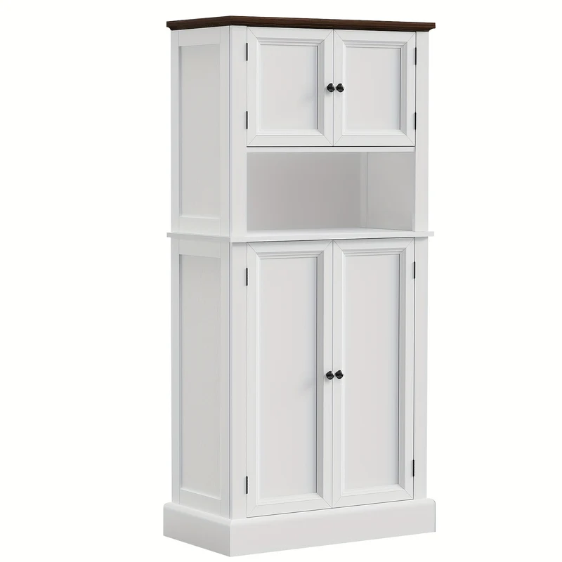 Hoge Bergkast Keukenkast – Opbergkast – Voorraadkast – Keukenkastje – Kast Met Blad – 128 cm Hoog – 4 Deuren Met Werkblad – Wit Met Tigerstripe Design