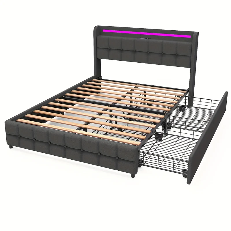 Gestoffeerd Bed – Bed Met Opberglades – Bedframe Met Opbergruimte – Lager Bed – Modern Bed – 140x200 cm – 2 Ruime Lades – Linnen Bekleding