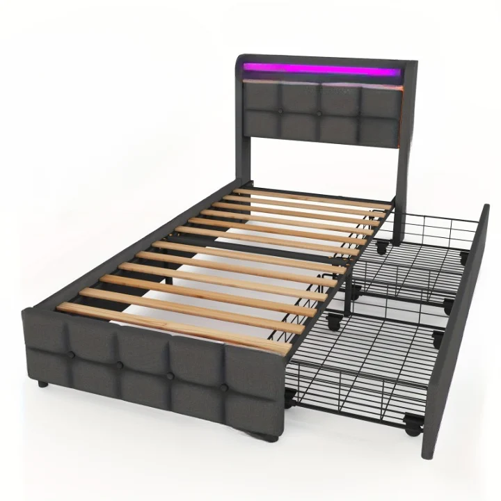 Bed Met Opbergruimte – Bed Met Lades – Gestoffeerd Bed – Eenpersoonsbed – Slaapbed – 90x200 cm – Stevige Constructie Tot 300 Kg – Extra Ruimte Dankzij 2 Lades