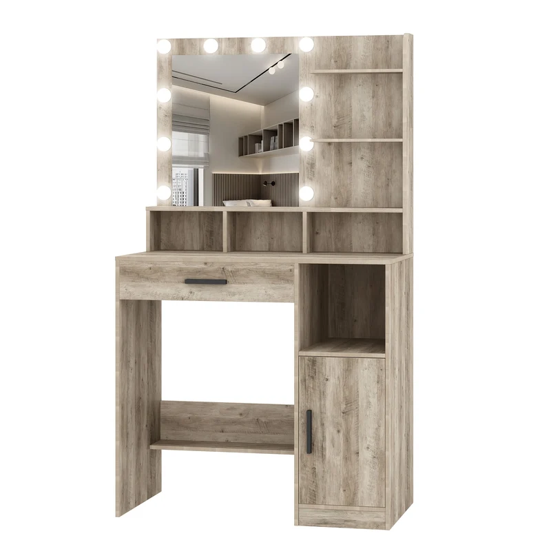 Dressing Table With Mirror, Dressing Table With LED Mirror, Dressing Makeup Table With 3 Shelves And 4 Open Compartments, With Large Drawer And Wardrobe