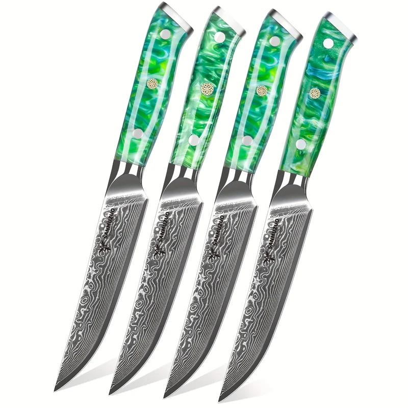 Steak Knives Set of 4, Ultra Sharp Non Serrated Kitchen Steak Knife 12.7 cm - Damascus Steel & Resin Handle - Xuan Series(Artificial jade Green)