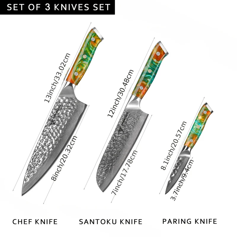 Damascus Kitchen Cooking Knife Set, Ultra Sharp Japanese VG-10 Steel with Resin Handle, Professional Kitchen Chef Knife Perfect Gift, Fantasy Orange Of YAO Series