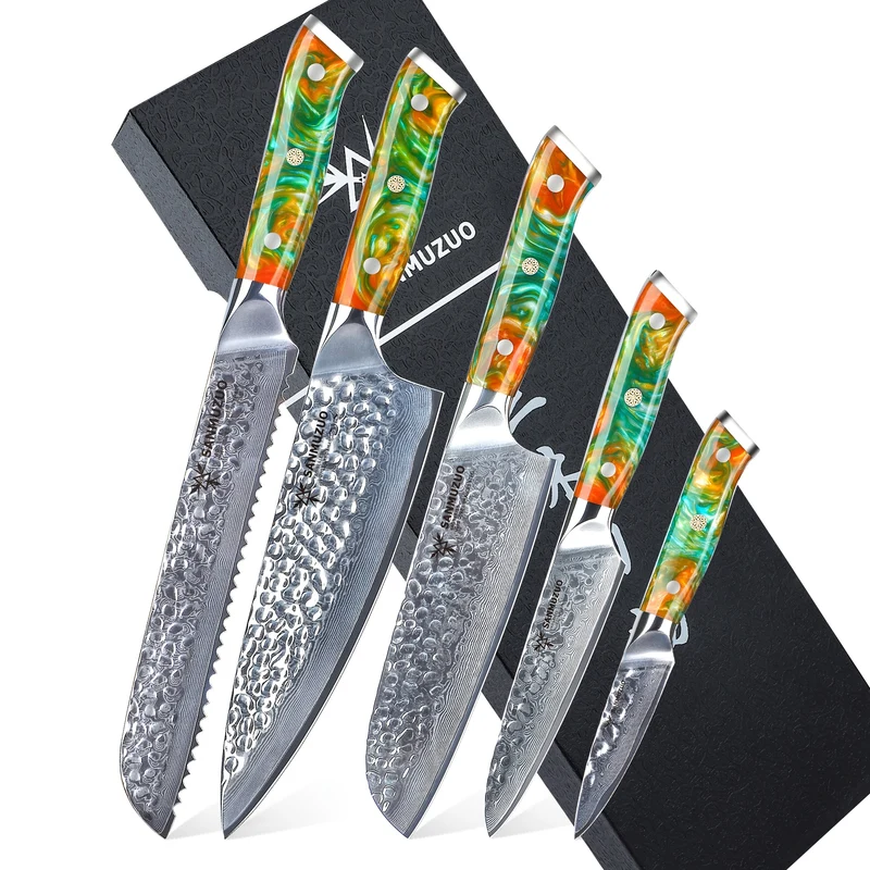 Damascus Kitchen Cooking Knife Set, Ultra Sharp Japanese VG-10 Steel with Resin Handle, Professional Kitchen Chef Knife Perfect Gift, Fantasy Orange Of YAO Series