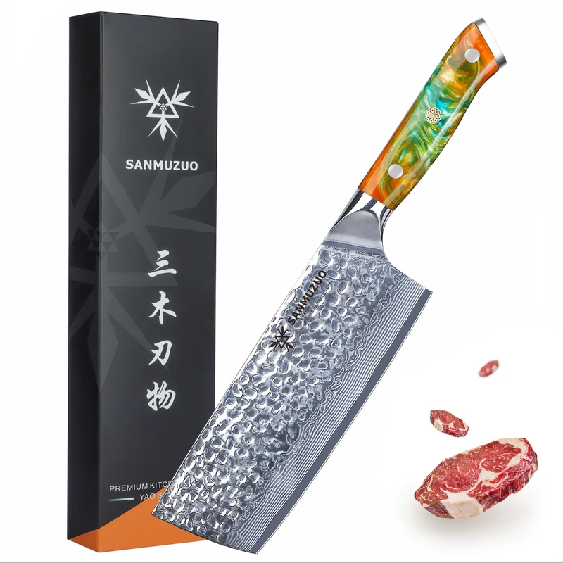 Damastmes – Keukenmes – Groentemes – Officemes – Snijmes – Gehamerd Damascus Staal – Resin Handvat 19,05 cm