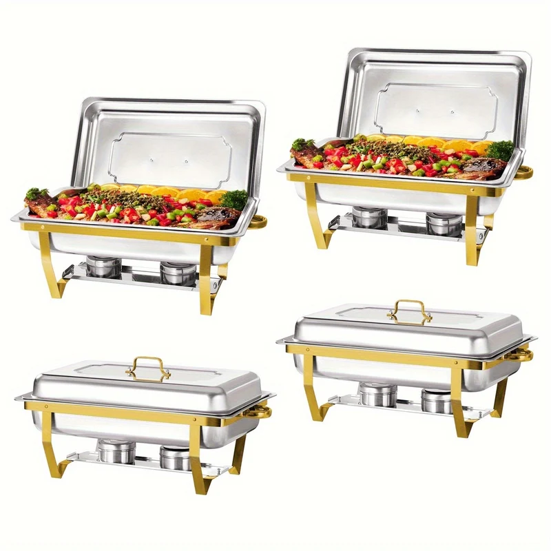 Chafing Dish Set – Buffet Warmhouder – Food Warmer – Voedselverwarmer – Warmhoudschaal – Roestvrij Staal 410 – Gouden & Zilveren Kleuren – Set Van 4 Stuks