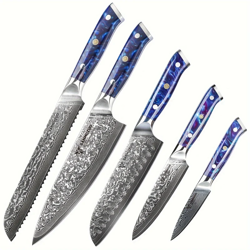 Koksmes Set – Keukenmessen – Snijmessen – Serveerdoeken – Vleesmessen – Blauw – Japans VG-10 Damaststaal – Ergonomische Resin Handgrepen