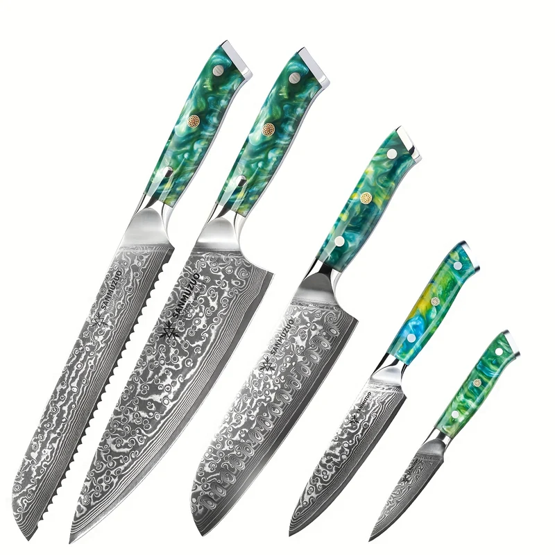 Koksmesset – Messenset – Broodmes – Santokumes – Schilmes – Groen Resin Handvat – VG10 Damascus Staal – 5-delige Set