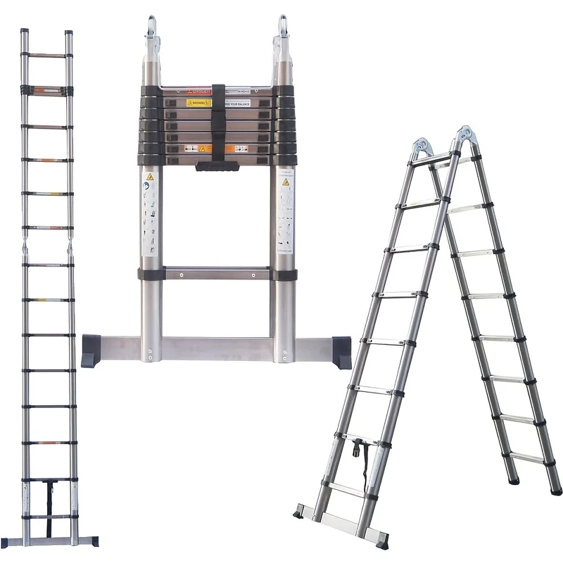 Uitschuifladder – Telescopische ladder – Vouwladder – Opvouwbare ladder – A-ladder – 5 meter hoogte – Roestvrij staal – 16 treden – Max. 150 kg draagvermogen