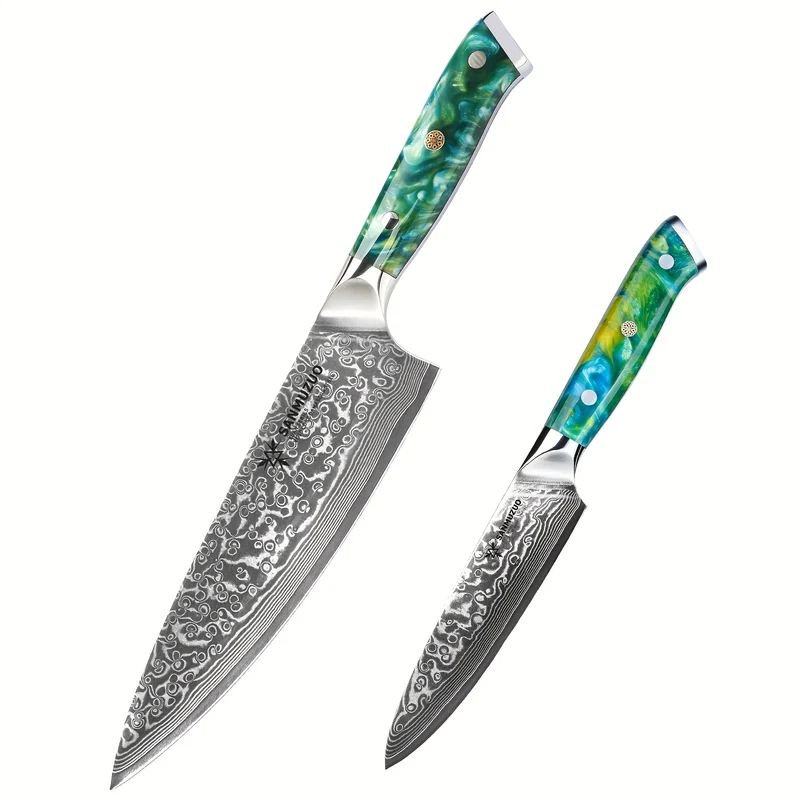 Koksmes – Keukenmes – Chefmes – Schilmes – Universeel Mes – VG10 Damascus Staal – Niet-Getand – Resin Handvat – 2-delige Set – Professioneel