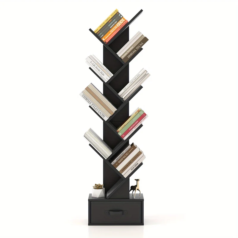 Boomboekenkast – Boekrek – Opbergkast – Boekenplank – Kast Met Lade – Zwart Resin – 8 Planken – Ruimtebesparend Design