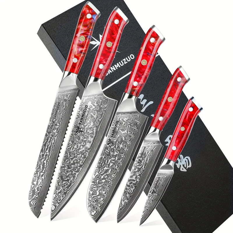 Damessmessenset – Keukenmessenset – Koksmes Set – Japanse Messen – Vleesmessen – 5-delig – VG-10 Damaststaal – Resin Handvat – Ultiem Scherp – Rood