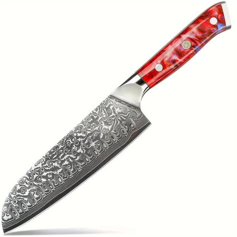 Santokumes – Koksmessen – Keukenmessen – Damastmessen – Japans Mes – 7 Inch – VG-10 Gehamerd Staal – Rood Giethars Handvat